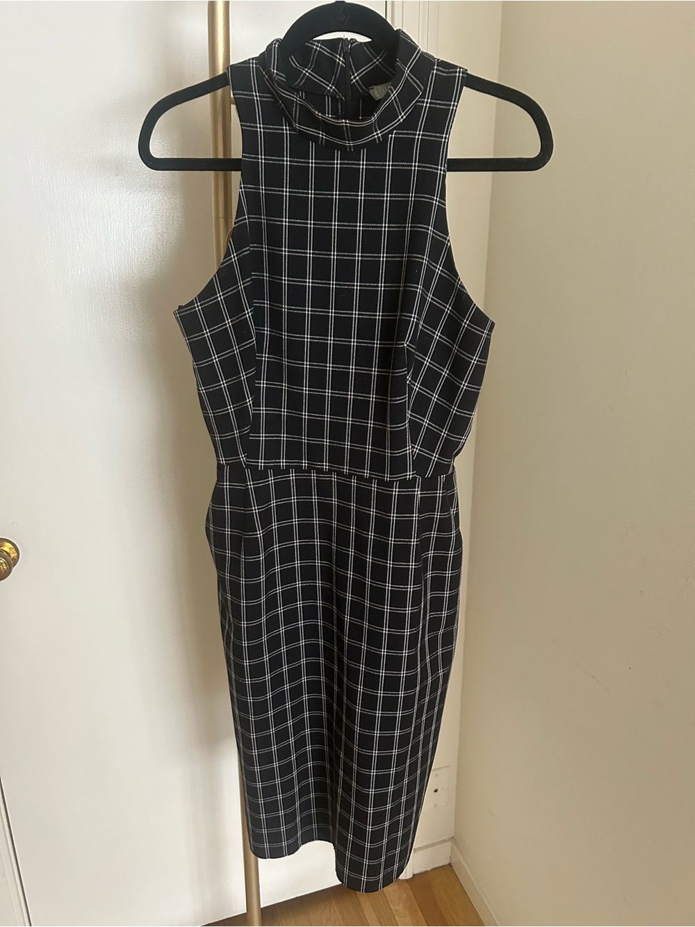 LOVE Fire Black & White Windowpane Plaid Mock Neck Midi Dress Size US8/UK12
